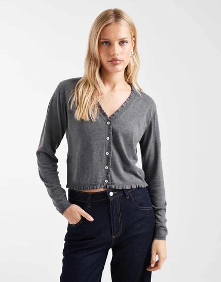 Вязаный кардиган Mango Teen с v-образным вырезом и отделкой жабо серого цвета gray