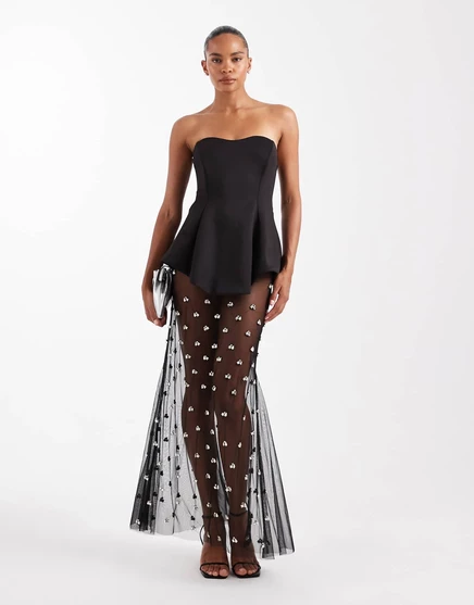Модельное платье премиум-класса ASOS DESIGN с украшенной макси-юбкой черного цвета из ткани в стиле скуба black