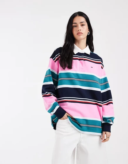 Рубашка для регби свободного кроя Tommy Jeans в розовую/зеленую полоску pink stripe