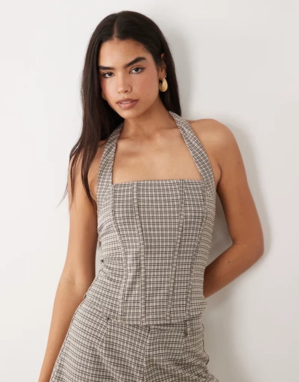 Топ-корсет ASOS DESIGN mix &match на бретелях в коричневую клетку с принтом в коричневую клетку