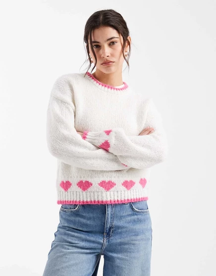 Белый свитер с принтом Pieces pink love heart cloud dancer sugar
