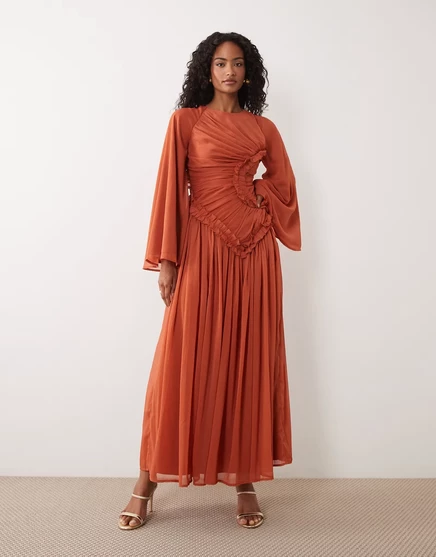 Женское макси-платье ASOS Design из жатого шифона с мелкими рюшами, терракотовое