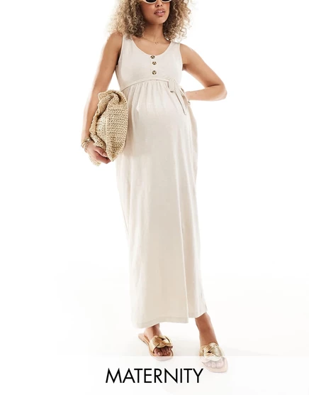 Кремовый сарафан макси с двумя пуговицами для кормления Mamalicious Maternity beige