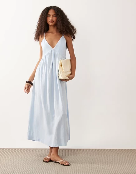 Женское макси-платье ASOS Design льняное с V‑вырезом, синее