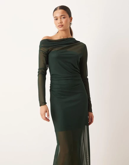 Асимметричное макси-платье Mango с длинным рукавом темно-зеленого цвета forest green