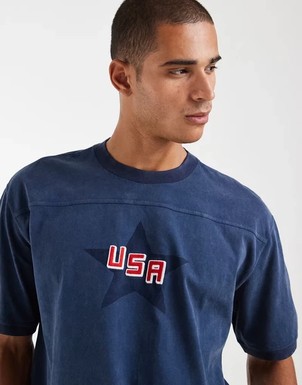 Мужская футболка Hollister USA в футбольном стиле, темно-синяя