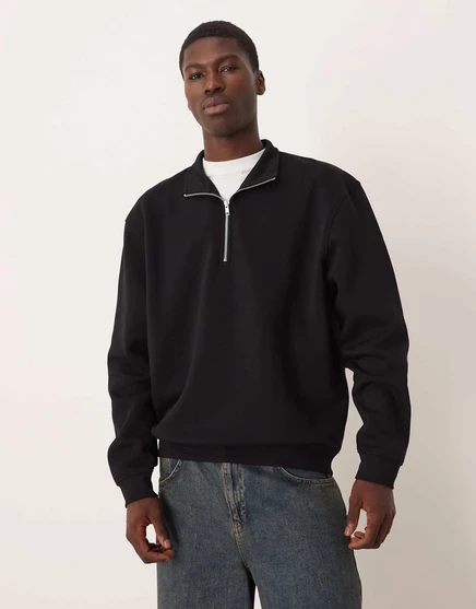 Свитшот ASOS DESIGN essential свободного кроя с застежкой на четверть молнии черного цвета  black