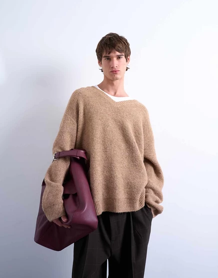Свитер Topman oversize fit с V-образным вырезом из камня stone