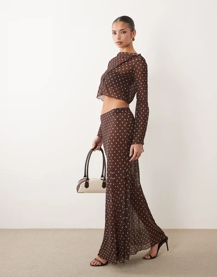Женский комплект макси-юбка ASOS Design из сетки, коричневый