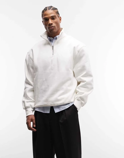 Мужская толстовка ASOS Design оверсайз с 1/4‑молнией, 400 г/м², слоновая кость
