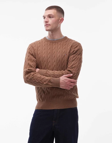 Плотный свитер кабельной вязки от Tommy Hilfiger коричневого цвета highland khaki heat
