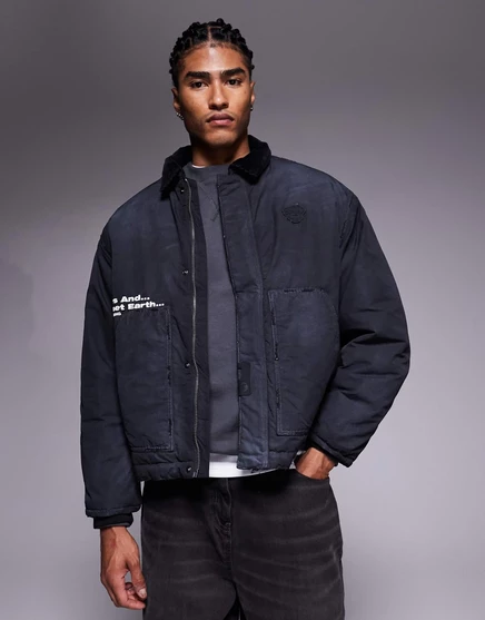 Облегающая рабочая одежда Aape by A Bathing Ape - куртка дальнобойщика из перекрашенного черного денима black