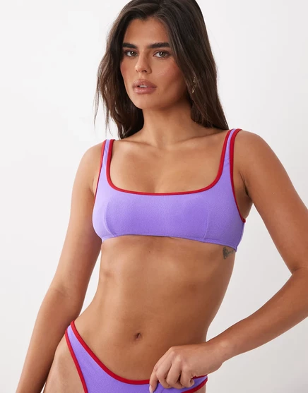 Махровый топ-бикини Mirissa Mara terrycloth от ASOS DESIGN с круглым вырезом и контрастной вязкой фиолетового цвета purple
