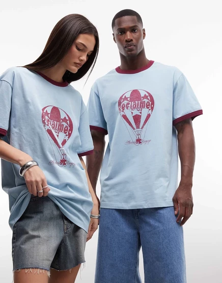 Reclaimed Vintage Unisex cropped boxy ringer t-shirt with hot air balloon graphic mid blue