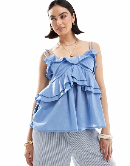 Топ-майка с оборками и завязками синего цвета от ASOS DESIGN blue