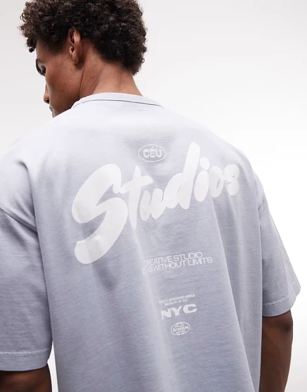 Мужская футболка ASOS DESIGN плотная коробчатого кроя оверсайз с принтом «bubble text» на спине, голубая blue blizzard