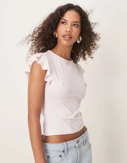 ДИЗАЙНЕРСКИЙ топ ASOS с вырезом лодочкой и рукавами-рюшами нежно-розового цвета baby pink