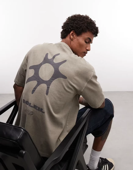 Мужская футболка ASOS Design плотная оверсайз с принтом солнца, коричневая