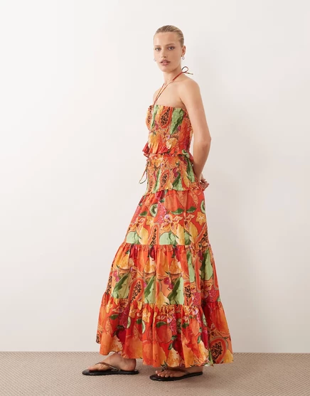 Многоярусная макси-юбка с присборенной талией от ASOS DESIGN с фруктовым принтом - часть комплекта с фруктовым принтом
