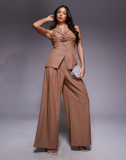 Женские широкие брюки ASOS Luxe в коричневую полоску