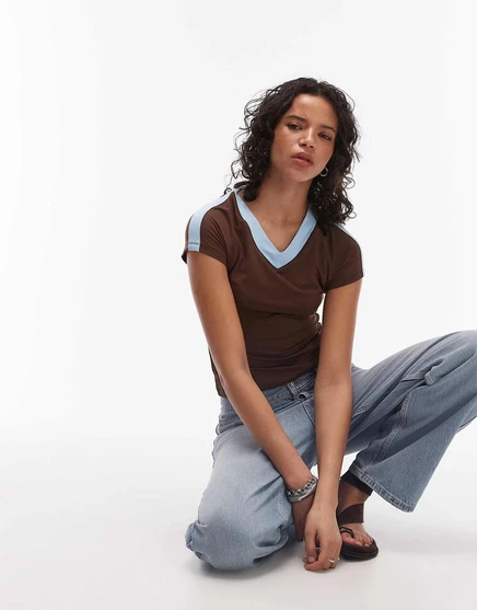 Женский топ ASOS Design с V-образным вырезом, коричнево-синий