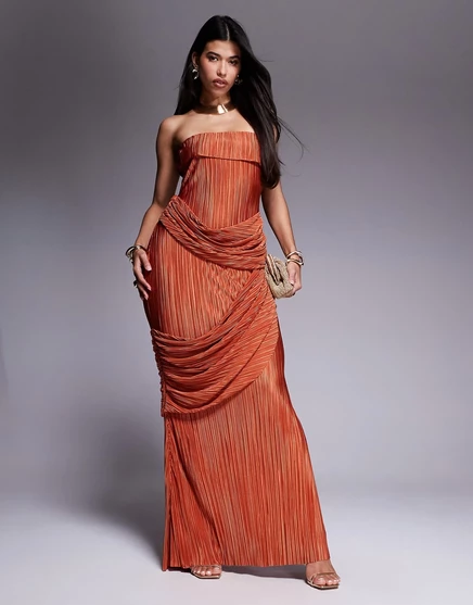 Макси-платье-бандо из плиссе премиум-класса от ASOS DESIGN с драпированными вставками цвета ржавчины rust