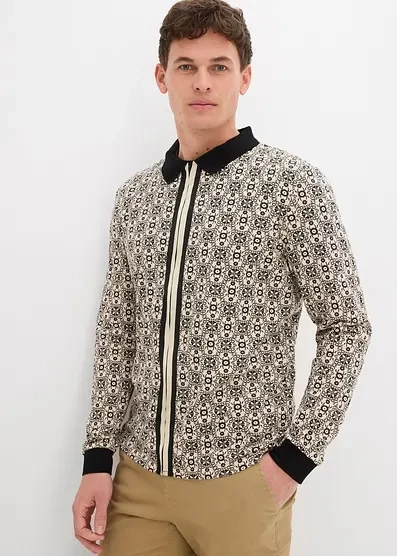  Рубашка-поло Bonprix с длинными рукавами из органического хлопка kieselbeige/schwarz graphisch bedruckt