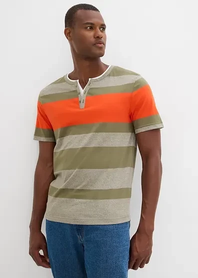 Футболка Bonprix Henley oliv/koralle/weiß quer gestreift
