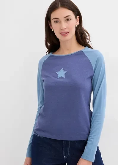  Двухцветный лонгслив Bonprix с вышивкой indigo/hellblau meliert