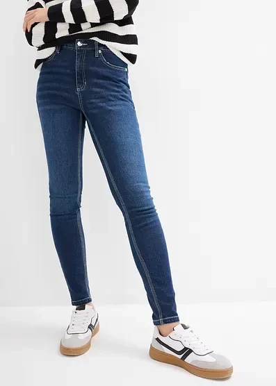 Зауженные джинсы Bonprix со средней талией, укороченные dunkelblau denim used