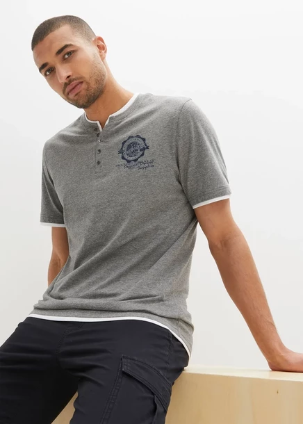 Футболка Bonprix Henley (2 шт. в упаковке) из органического хлопка dunkelblau+grau meliert bedruckt