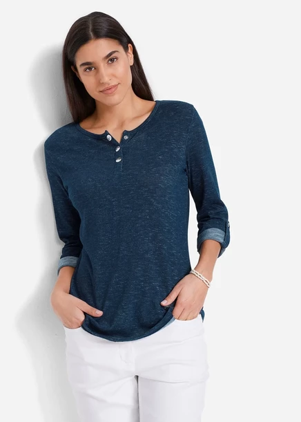 Футболка Bonprix Langarmshirt от Knopfleiste aus Baumwoll-Микс dunkelblau meliert