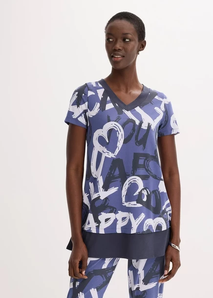Футболка с длинным рукавом Bonprix mit Kurzarm indigo/nachtblau/naturbeige bedruckt