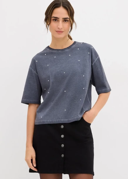 Футболка Bonprix от mit Glitzersteinen aus reiner Baumwolle nachtblau washed