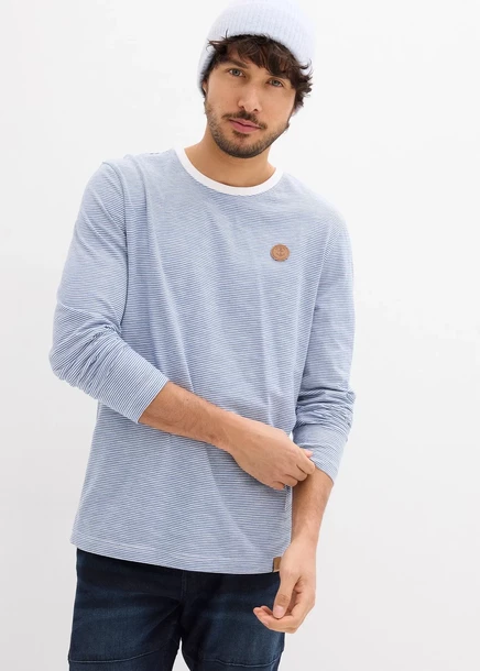 Футболка Bonprix Langarmshirt от reiner Bio-Baumwolle jeansblau/weiß quer gestreift