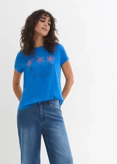 Базовая футболка Bonprix mit Druck (2 штуки в упаковке) azurblau bedruckt+weiß uni