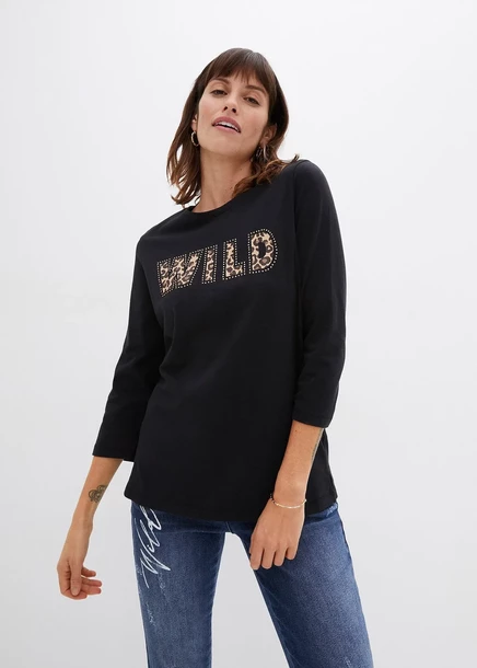 Футболка Bonprix Langarmshirt от Nieten и Druck schwarz bedruckt