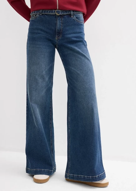 Джинсы Bonprix с широкими штанинами, средняя талия, полная длина dunkelblau denim used