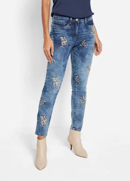 Джинсы Bonprix Slim-Fit с цветочным принтом Stickerei blau denim