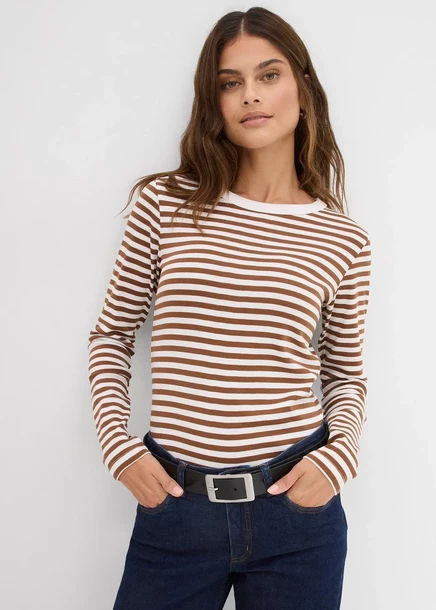 Футболка Bonprix Langarmshirt от reiner Bio-Baumwolle pimentbraun/weiß gestreift