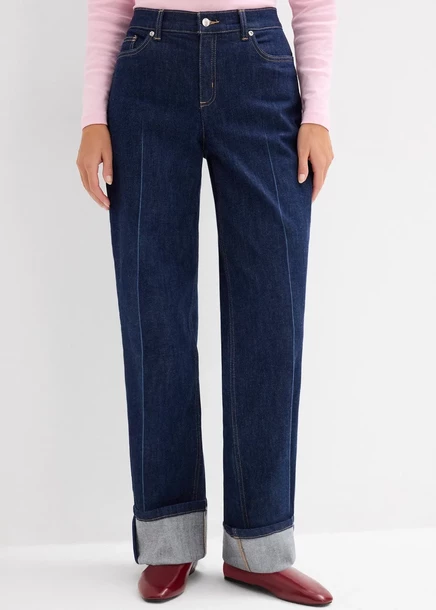Свободные прямые джинсы Bonprix со средней талией, полной длины dunkelblau denim used