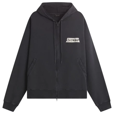 Мужское худи Balenciaga Masking Tape Jersey на молнии, выцветшее черное