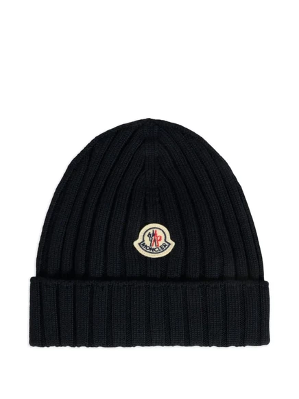 Вязаная шапочка Moncler Enfant с логотипом в рубчик blue