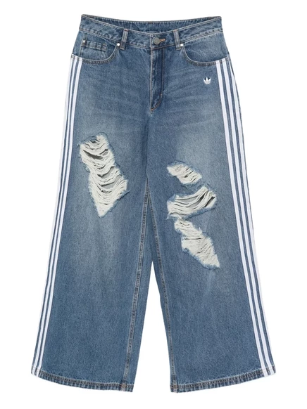 Женские широкие джинсы Adidas с полосками и рваной отделкой, синие