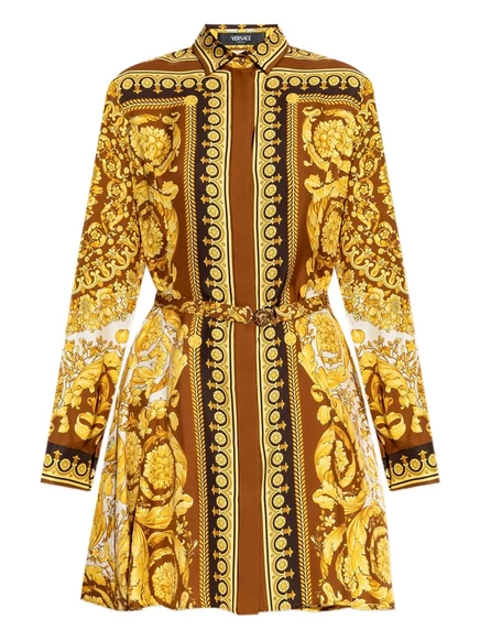 Женское платье-рубашка Versace мини из шелка с поясом, желтое