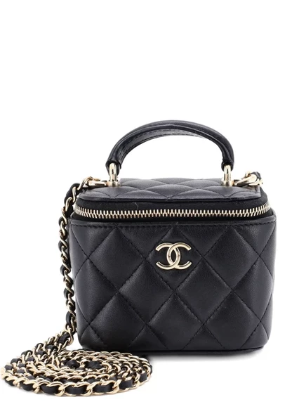Бывшая в употреблении классическая сумочка для туалетного столика CHANEL с верхней ручкой и цепочкой, мини-сумка через плечо из стеганой овечьей кожи