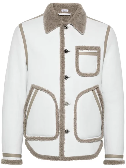 Мужская кожаная куртка Thom Browne с меховой отделкой, бело-серая