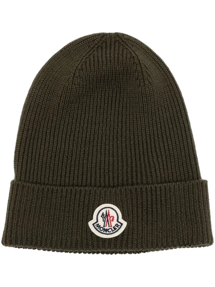 Мужская шапка Moncler вязаная с отворотом и логотипом, хаки