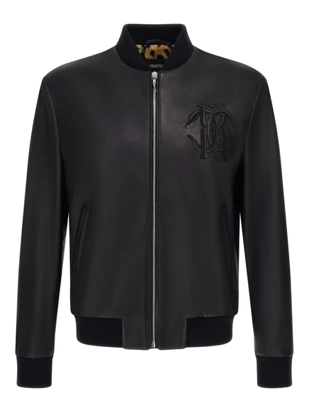 Мужская кожаная куртка Roberto Cavalli с тиснением, черная