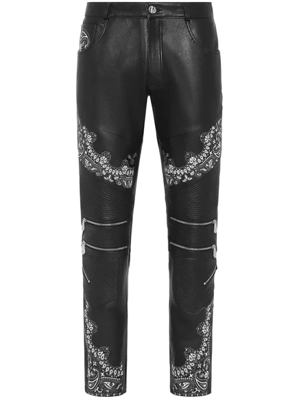 Мужские брюки Philipp Plein кожаные узкого кроя, черные